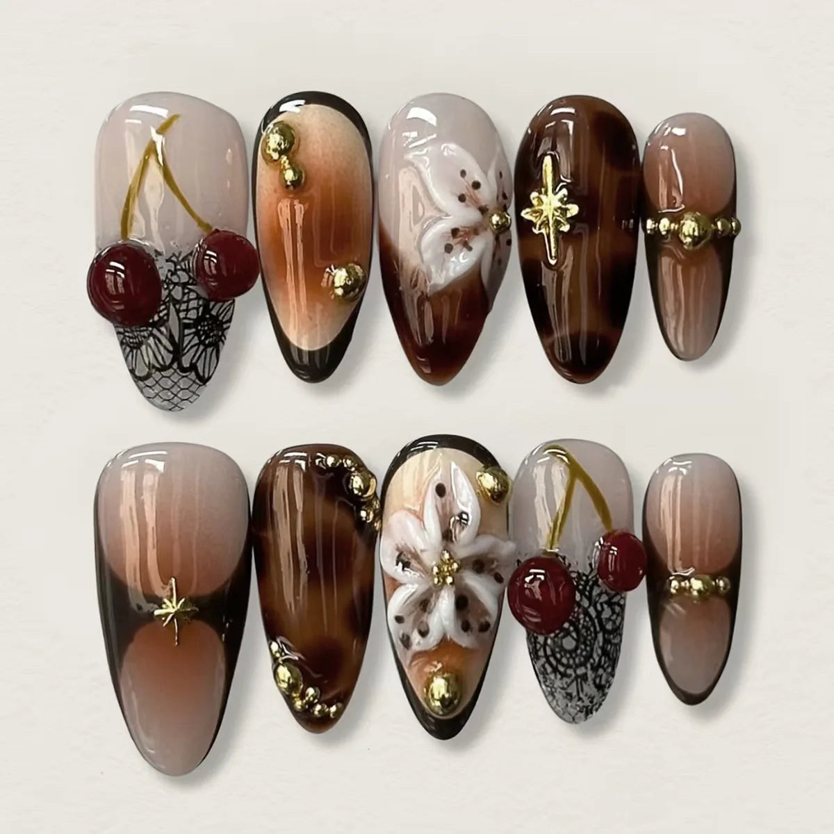 24Pcs Mid-length Almond Press on Fake Nails with Insect Flower Button Design Full Cover Nails Tips Reusable Finished False Nails