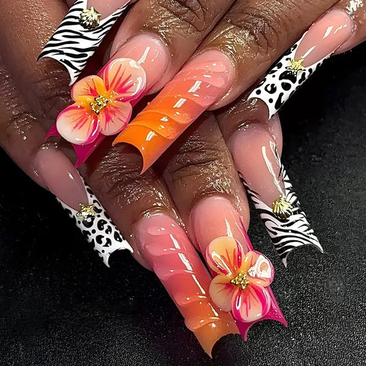 24Pcs Gold French Border False Nails Long Coffin False Nails with Rhinestones Ballerina Full Cover Nail Tips Press on Nails