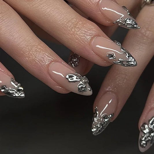 24pcs Finished False Nails Sets Mid-length Almond Nails Tips with Silver Smudge Design Fake Nail Art Detachable Press on Nails