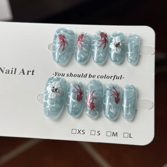 10pcs high-end Watercolor hand-painted koi fish, retro Chinese style, water ripple cat's eyes handmade fake nails