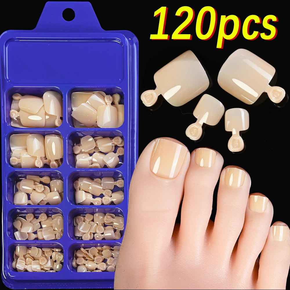 120Pcs Nude Pink Short Square Press On Toenails Natural -Solid Color Soft Gel Fake Toenails 12 Sizes Full Cover False Toe Nail