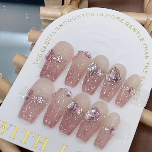 10pcs Summer Shining Love Shining Gradient Handmade False Nails,Bubble Rose False Nail,Women/Girls' Festival Gifts,Mother's Day