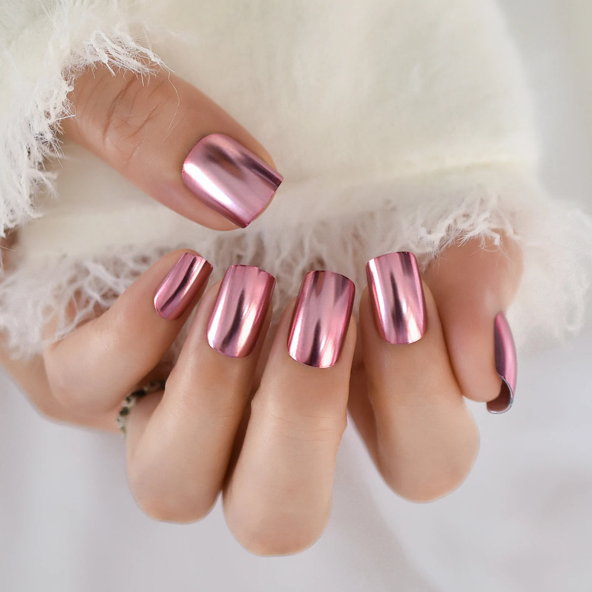 Chrome Punk Metallic PinkSquare Press On False Nails Medium Short Length Fingernails Bright Acrylic Manicure Art Tips 24pcs/Set