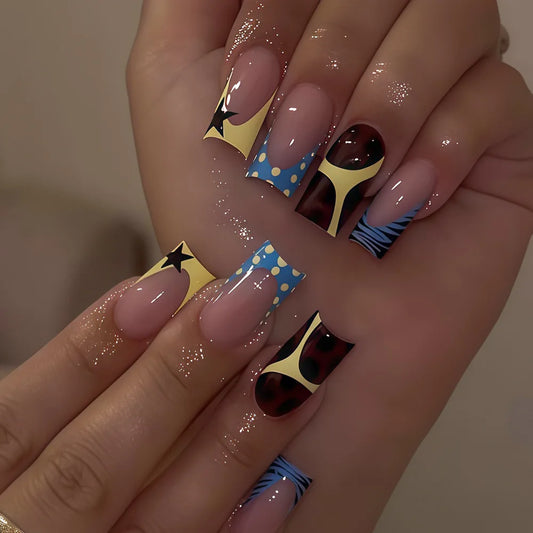 24pcs Blue French Coffin Press on Nails Striped stars Yellow polka dots Design False Nails Full Cover Wearable Fake Nails