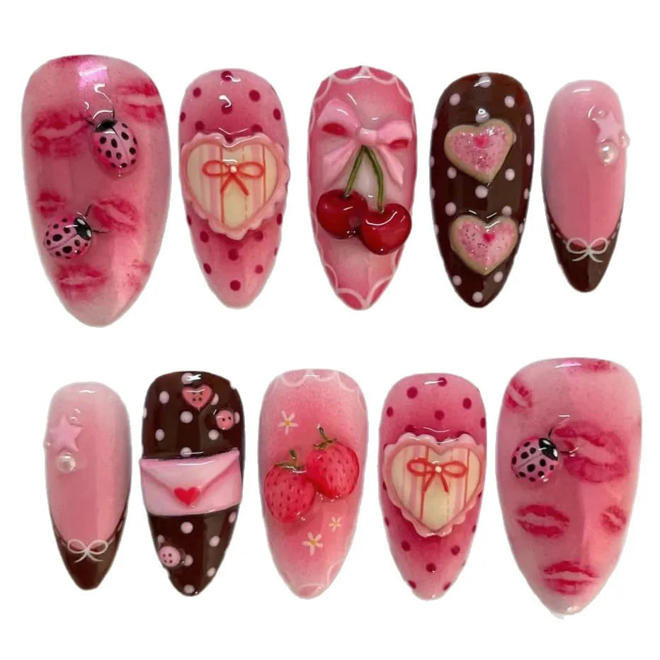 24pcs Sweet Letter Press On Nails Cute Cherry Bowknots Ladybug Strawberry Decor False Nails Blush Pink Almond Fake Nail For Girl