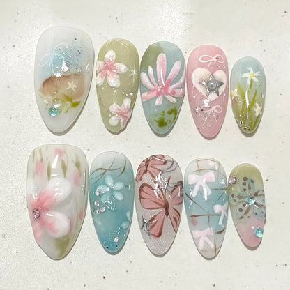 24pcs Little Fresh Butterfly Flower Press On Nail Spring Summer Gradient Pink Green Almond False Nail Ins Forest Style Fake Nail
