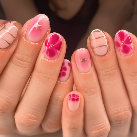 24Pcs French Tip Flower Nails Polka Dot Press on Nails Short Almond False Nails Manicure Accessories for Weddings Parties