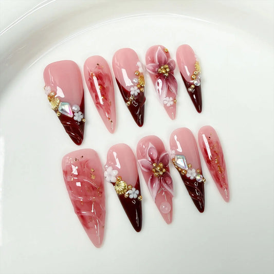10Pcs Retro Long Stiletto Fake Nail Tips Set Full Cover Flower Gradient French Exquisite Wearable Nail Fashion Manicure Handmade