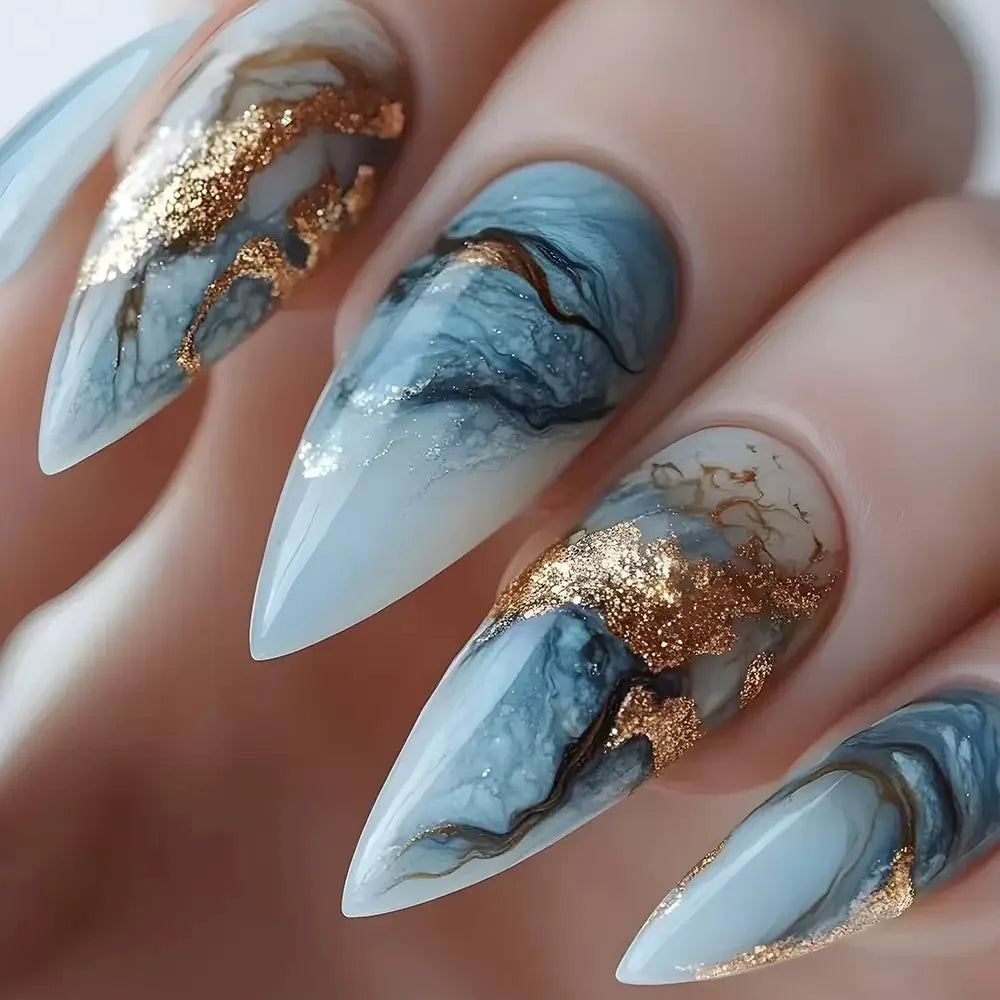 24Pcs Light Blue Smudge Fake Nails Press on Almond Gold Leaf Removable Long Full Cover Nail Tips Wearable Finished Nail Art