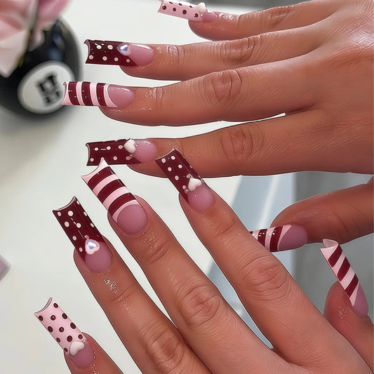 Red/Pink French Tips Fake Nails 24Pcs Long Ballerina Press On Nails Stripe/Polka Dot Printed Detachable Stick-on False Nails