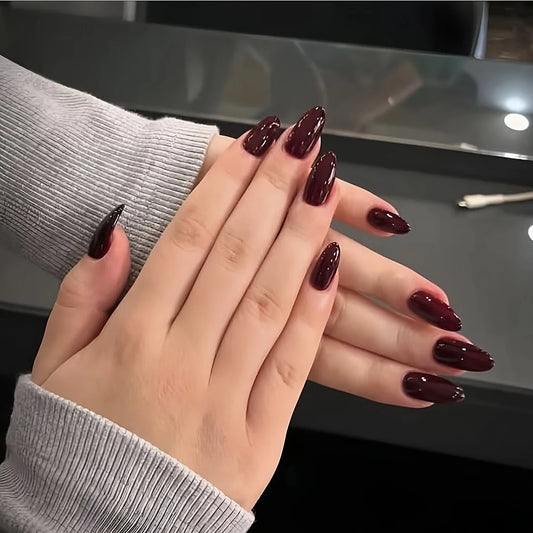 24PCS Dark Red Nail Press, Medium Almond Fake Nail, Deep Red Bloody, Short, High-Heeled, Reusable Acrylic Oval Fake Nail