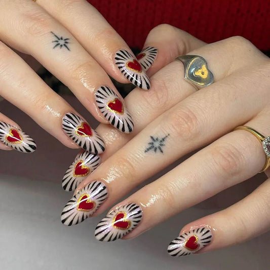 24Pcs Valentine's Day Love Hearts Pattern Press on Nails Simplicity Almond Wearing Acrylic False Nails Gradient Fashion Nail Art