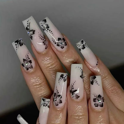 White Long Coffin Fake Nails Spicy Girls Charm Manicure 24Pcs Women Ballerina Press On Nails Black Flower Printed Nails Art