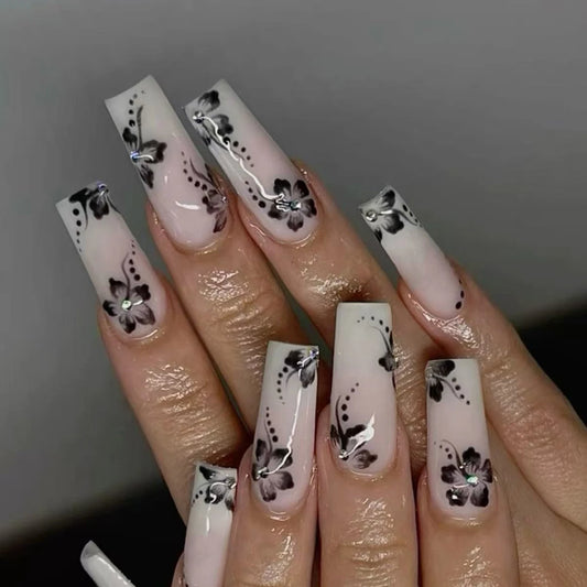White Long Coffin Fake Nails Spicy Girls Charm Manicure 24Pcs Women Ballerina Press On Nails Black Flower Printed Nails Art