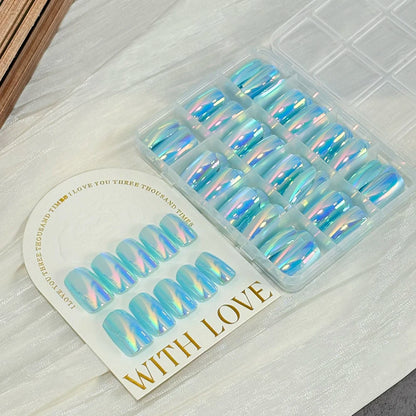 144Pcs Holographic Blue Chrome Press On Nails Iridescent Plating Medium Square Fake Nail for Women Daily Party False Nail Tips D