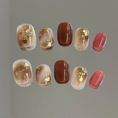 10Pcs Handmade Press On Nails Full Cover Flower Design Short Round Head Gold False Nails Artificial Manicure Wearable Nail Tips
