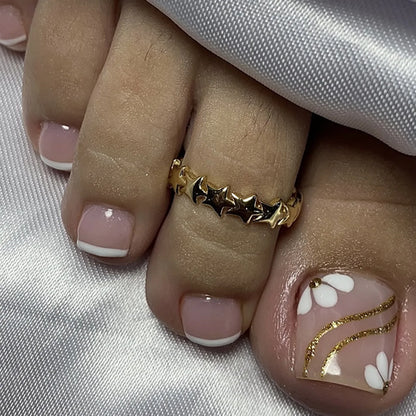 24pcs Shiny White False Toenails with Glitter Powder Design Square Fake Toe Nails Women Wearable Full Cover Press on Toenails