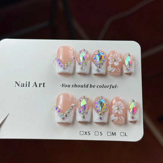 10pcs high-end Gentle and elegant style, hand-painted three-dimensional carvings, ice-clear pink, glittering with diamonds all