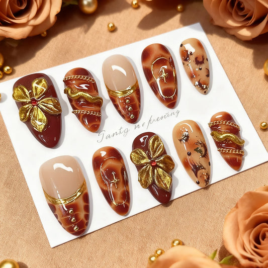 24pcs Flower False Nails Brown Leopard Print Press on Nails Tip Gilded Design Short Almond Fake Nail Set French Full Cover Nail