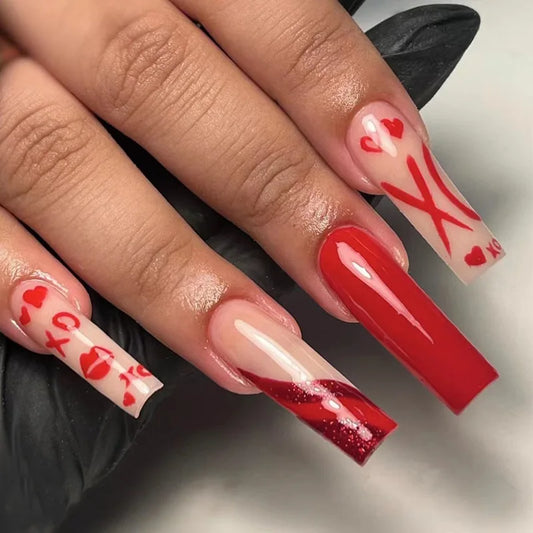 Romantic Wedding Sexy Red Lips Spice Girl Valentine's Day Fake Art Nails Frosted White False Nails Press on Nails Manicure Tools
