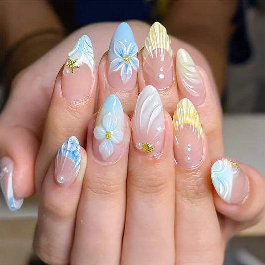 24Pcs Yellow French Full Cover Nails Tips Mid-length Almond Detachable False Nails 3D Flower Pearl Starburst Press on Fake Nails