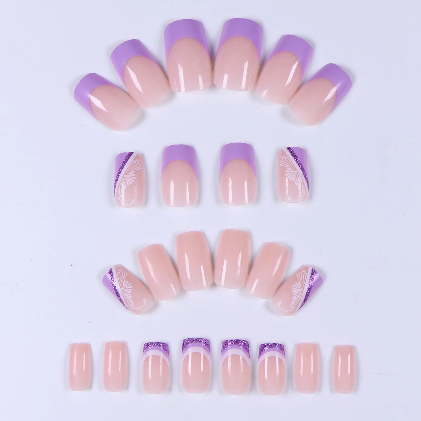 24PCS French Medium Square Fake Nail White Purple French Pointed Acrylic Nail with Silver Shining White Printed Design