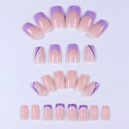 24PCS French Medium Square Fake Nail White Purple French Pointed Acrylic Nail with Silver Shining White Printed Design