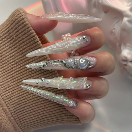 Exaggerate Punk Extra Long Pointed Fake Nails Art Dark Y2K Black Spider Centipede Rhinestone False Nail Press on Nails Manicure