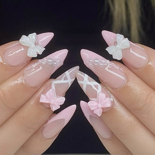 24pcs White French Fake Nails Pink Cute Stiletto Almond Press on Nails Sets Bow Flower Design Stick on Nail Lacy Long False Nail