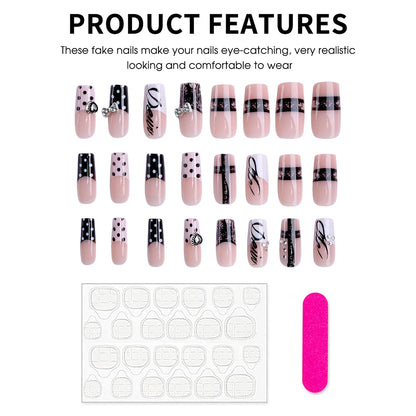 24pcs Mid-length Coffin False Nails Dark Metal Bows Heart Decor Black Gothic Style Press On Nails Polka Dot French Fake Nail