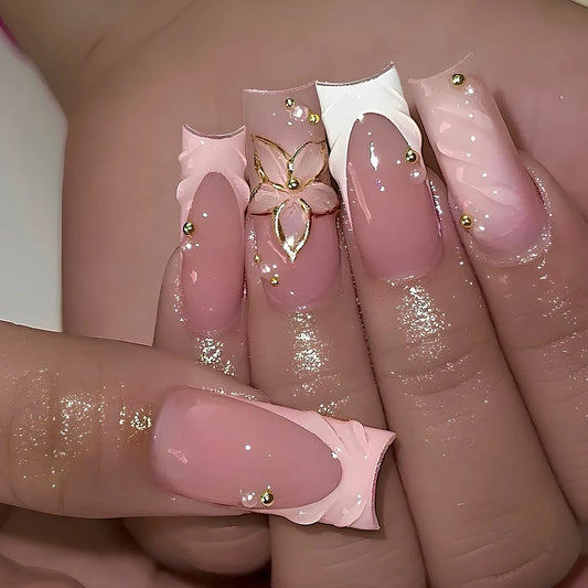 24Pcs Long Square French Full Cover Nails Tips Pink Smudge 3D Flower French Fake Nails Detachable Finished Press on False Nails