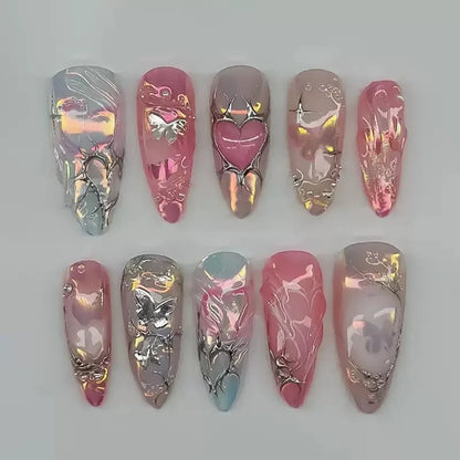 24Pcs Light Blue Smudge Fake Nails Press on Almond Gold Leaf Removable Long Full Cover Nail Tips Wearable Finished Nail Art