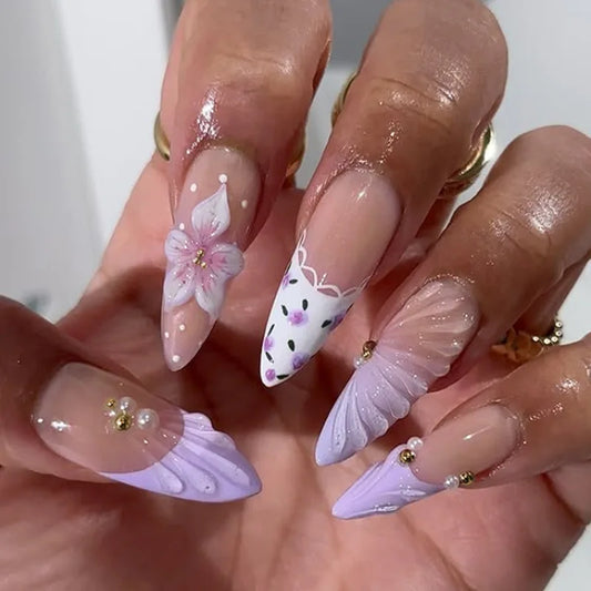24pcs French Almond Fake Nails Tips Purple Gradient Long False Nail Art Flower Design Stick on Nail Pearl Decor Press on Nails