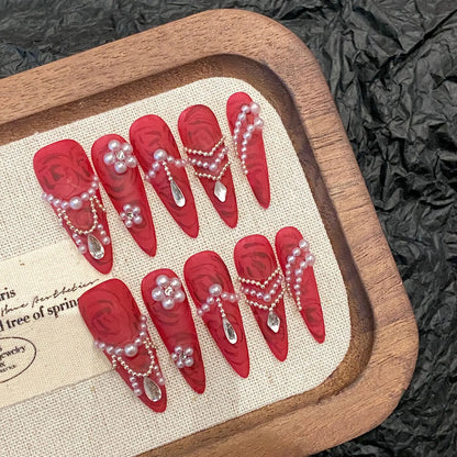 10pcs Chinese Retro Handmade False Nails Luxury Dragon Phoenix Colorful Diamond Gold Chain Decor Press On Nails Charms Manicure