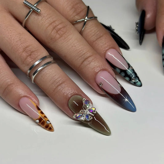 24pcs Autumn Fake Nails Art Rhinestone Butterfly Design Long Almond False Nail Tips Colorful French Press on Nails Sets Manicure
