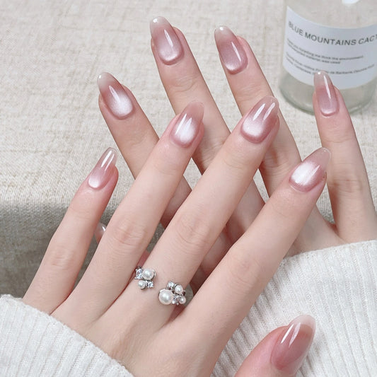 10Pcs Solid Color Almond Handmade Nails Set Simple Detachable Fake Nails Blush Glitter Cat Eye Press on Nails Finished Nail Tips