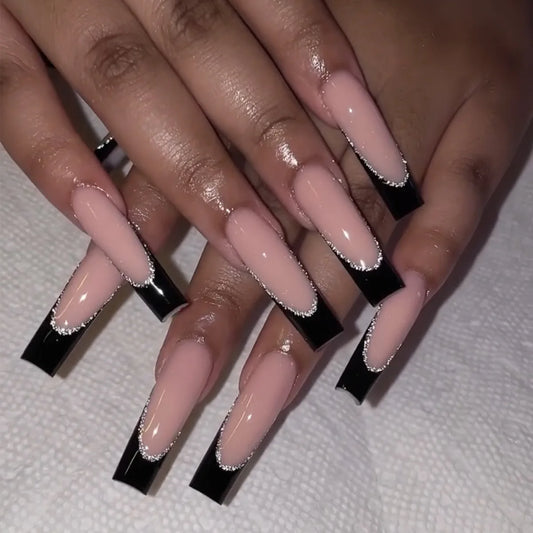 24pcs Simple French Fake Nail Set with Wave Lines Design Stick on Nail Tips Long Square False Nail Art Pearl Pink Press on Nails