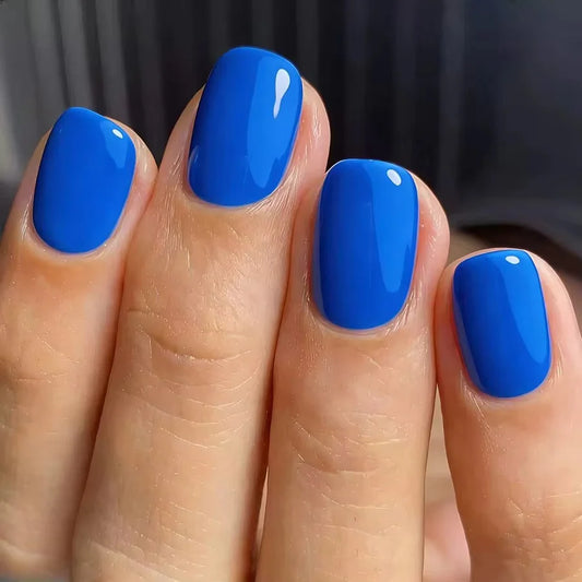 24pcs Solid Color Blue False Nails Art Simple Short Square Press on Nails Tips Detachable Glossy Ballet Fake Nail Sets Manicure