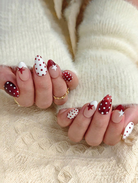 10pcs Handmade Red White Polka Dot Star Press On Nails Almond Short  Sweet Cute Fake Nails French Tip Decor False Nails