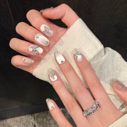 10pcs Handmade Press On Nails Clear Glass Beads Cat's Eye False Nails With Crystal Butterfly Designs Charming Korean Fake Nail