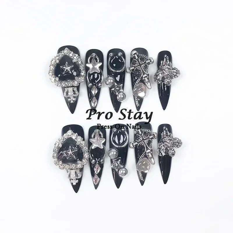 10pcs Dark Black Y2k Hot Girl Handmade Press On Nails Sweet Cool With Diamond Metal Decoration Wearable Artificial False Nail
