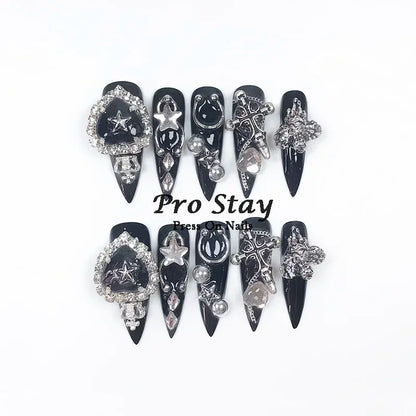 10pcs Dark Black Y2k Hot Girl Handmade Press On Nails Sweet Cool With Diamond Metal Decoration Wearable Artificial False Nail