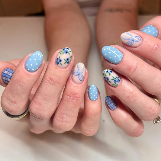 24pcs Short Almond Press on Nails Tips Blue Nails Sets with Polka Dot Design Stick on False Nail Art Simple Bow Oval Fake Nail
