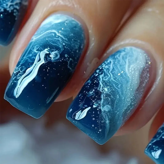 24Pcs Deep Ocean Square Full Cover Fake Nails Short Blue Wave Press on Nails with Glue Gradient Acrylic False Nail Manicure Tips