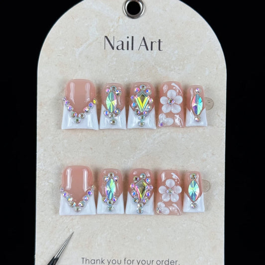 10pcs high-end Simple and elegant style, hand-painted three-dimensional patterns, dazzling square diamonds handmade fake nails