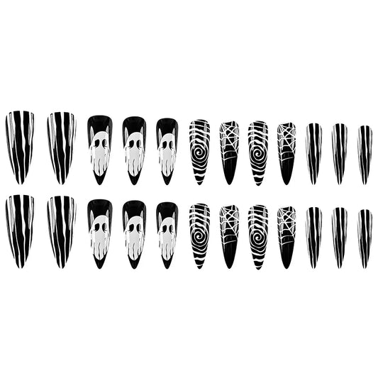 24pcs Black Cool False Nails with Ghost Spider Web Pattern Decor Almond Fake Nail Tips Wearable Halloween Party Press on Nails