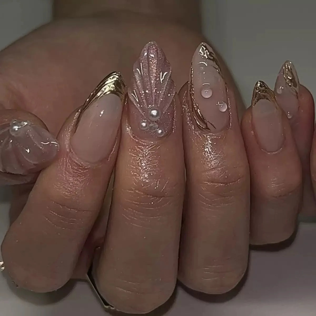 24Pcs Light Blue Smudge Fake Nails Press on Almond Gold Leaf Removable Long Full Cover Nail Tips Wearable Finished Nail Art