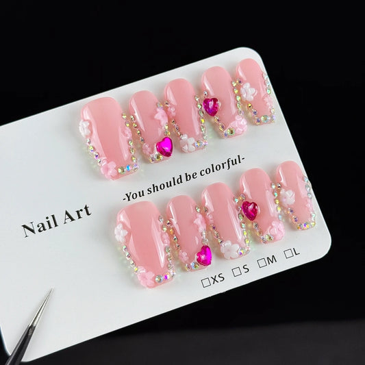 10pcs high-end Cute girl style, hand-painted three-dimensional engraved patterns, heart, fine glittering point diamonds handmade