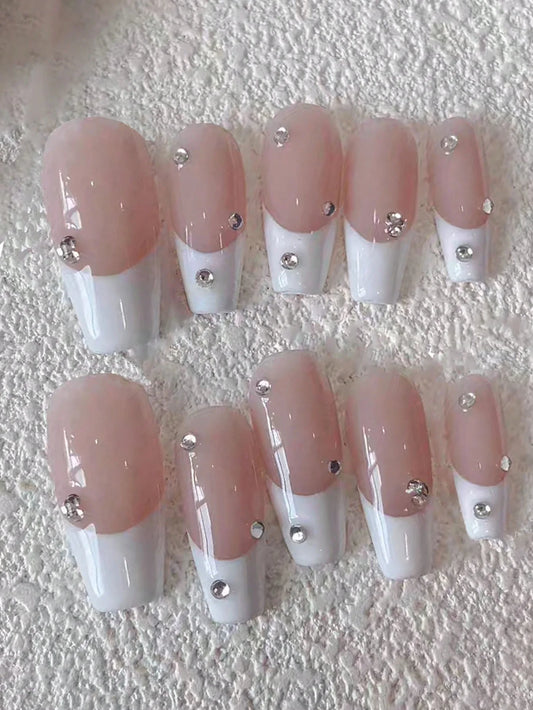 10pcs Handmade Pink White Rhinestone French Press On Nails Long Coffin Full Cover Wearable Reusable Luxury Fake Nails 2026