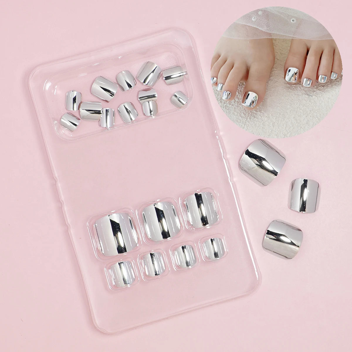 24 pcs Glossy Gold Silver Metallic Mirror Press On Chrome Toenails Short Square Fake Toenails for Women and Girls